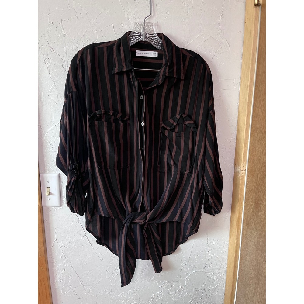 Faithfull The Brand Black Brown Stripe Tie Front Button Up‎ Shirt Women's Size L